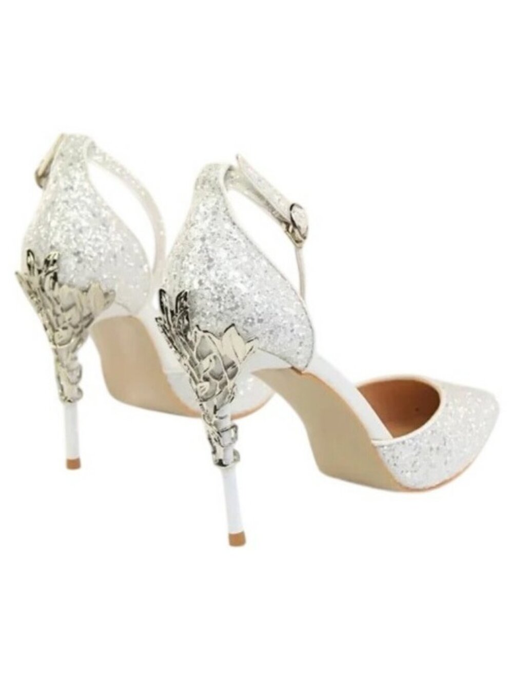 Bigtree Cream Glitter & Silver Metallic Carved Embellished Stiletto Heels 39 8.5